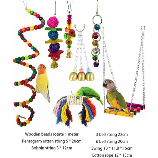 Papegoja hängande leksaker, 7 st papegoja fågelleksaker hängande fågelklockleksak
