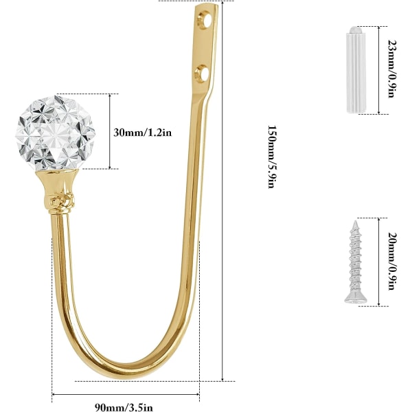 Verhokoukku, 2 kappaletta seinään kiinnitettävää verhonpidikettä kirkkaalla kristallipallolla, raskaan metalli koristeellinen verhotanko ruuvilla Verhokoukku, Kulta