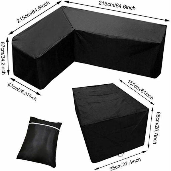L-formad sofföverdrag 210D Oxfordtyg Vattentät Utomhusmöbler Överdrag med Förvaringsväska för Flyttning (215 x 215 x 87cm/155 x 95 x 68cm)