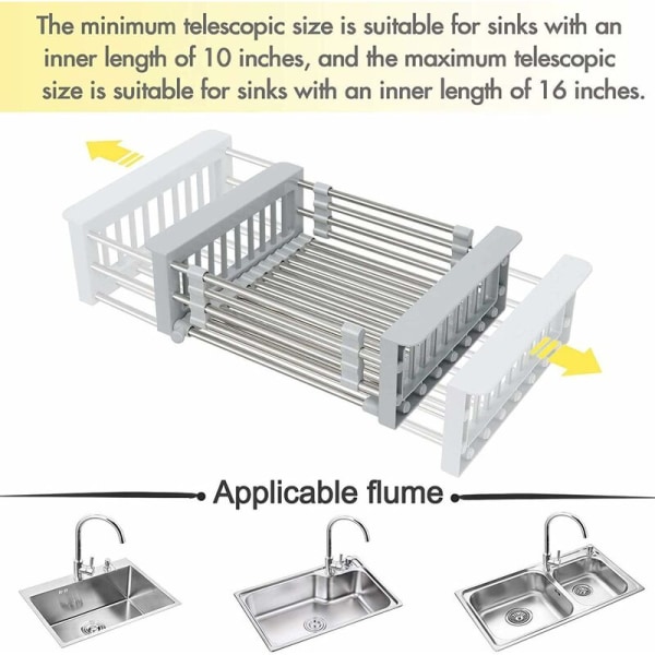 Utvidbar vaskavløpsstativ, teleskopisk avløpskurv i rustfritt stål med justerbare armer Funksjonell kjøkkenvaskorganisator for rustfrie grønnsaker og frukt, 210g