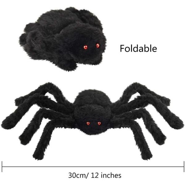 2 store Halloween-edderkopper 30 cm sorte edderkopper med røde øyne skummelt