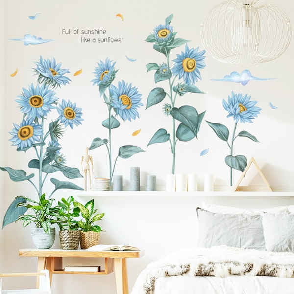 Solrosväggsdekal i blått (96 x 76 cm) | XXL dekorativ väggdekal