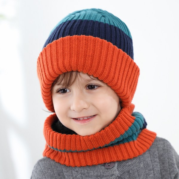 Halsrørssæt, strikket hue til baby dreng, pige, toddler strikket vinterhue, børns varme hue, sne kraniehue, drenge og piger 2-8 år - Karamel Orange Navy Haqing