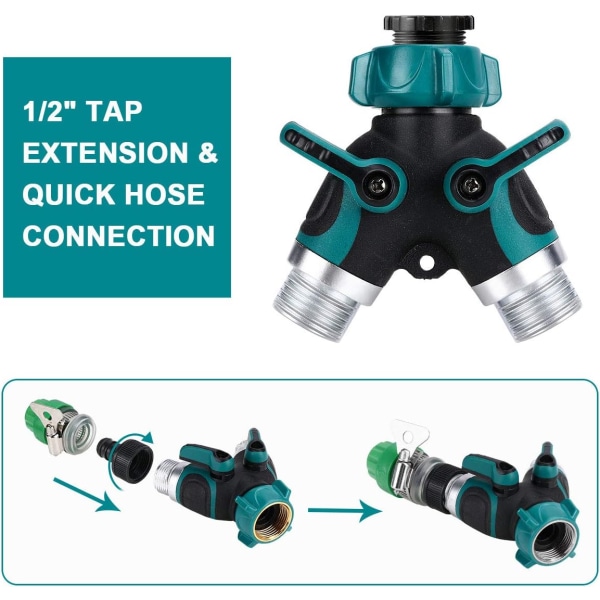 2-vejs slangedeler, haveslangesplitter, 3/4” og 1/2” 2-vejs fordeler med 2 ventiludtag, 2-vejs splitter med 2 skiver, haveslangekobling