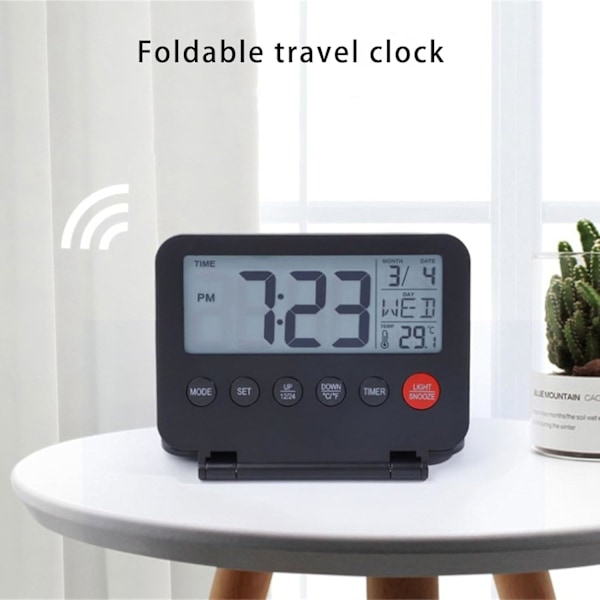 Liten digital reseväckarklocka med LCD-display, datum, temperatur, S