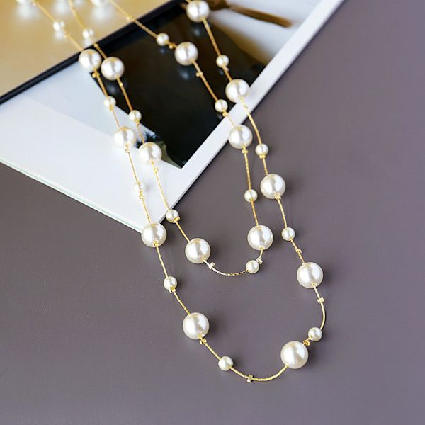 Ny lång version dubbel kort vit pärla tröja kedja halsband f