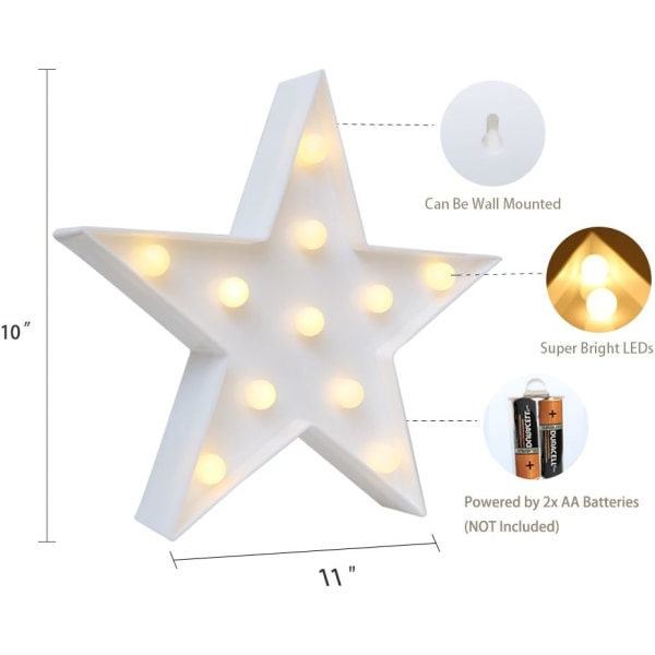 Stjärnformad skyltlampa med varmvita LED-lampor - Vardagsrum, sovrumsbord och julväggdekoration för barn och vuxna - Batteridriven 10 tum hög