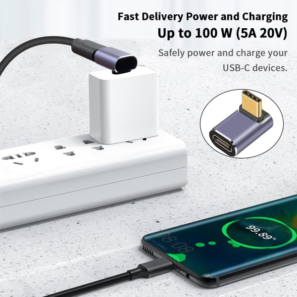 USB C 90 graders adapter för USB 4 kabeladapter, 40 Gbps USB C-adapter, 2-pack UP vinkel typ C-förlängare 8k videovisning