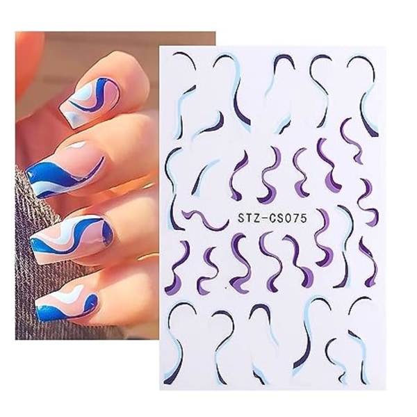 Line Nail Art Stickers, 5 ark 3D blå rosa lila regnbågslinje