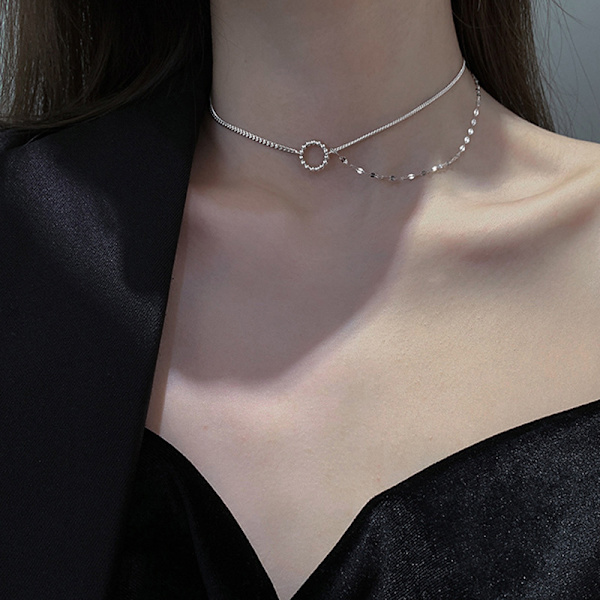 Fashion Glittrande Silver Halsband Dam Elegant Nyckelben Kedja Dubbel Lager Kedja Ring Halsband Fest Bröllop Halsband Smycken Present