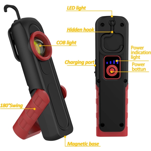 Ladattava COB LED -työvalo, kannettava LED -taskulamppu, tarkastuslamppu, leirivalaisin magneettipidikkeellä kotiin, työpajaan, hätätilanteisiin, autoiluun ja leirintään