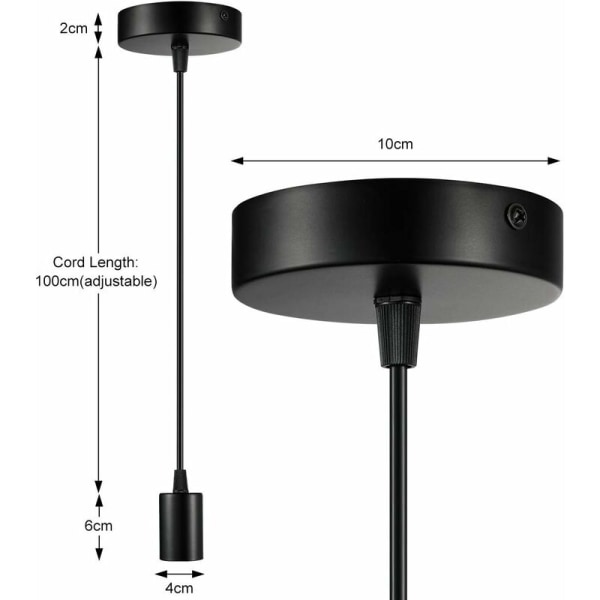 Metallpendellampa, E27-lamphållare med kabel, 100CM pendelkabel, upphängningskabel, idealisk för takbelysning, svart