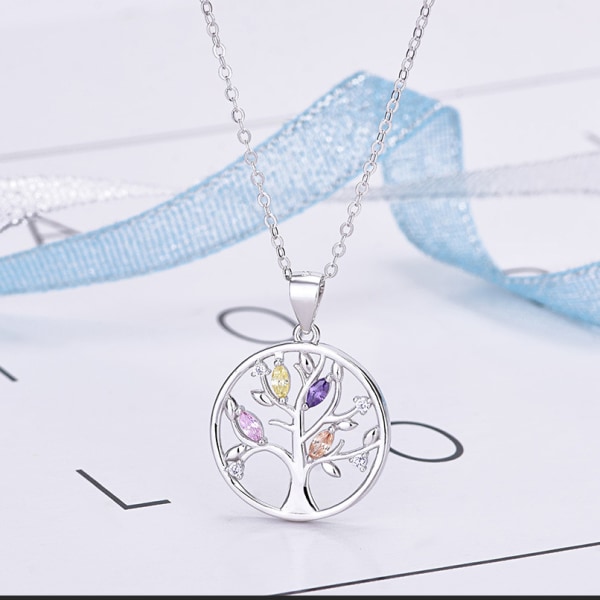 S925 Sterling Silver Colorful Life Tree Crystal Zircon Halsband F