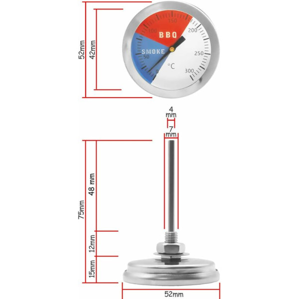 Analogt steketermometer for grill, røyker, gryte, panne, diameter 5,2 cm, 0°C - 300°C