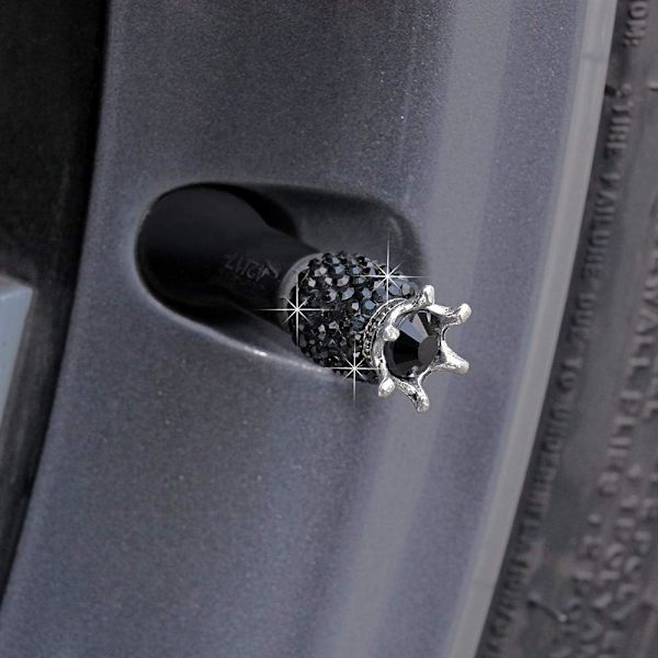Kristalldäckventilskydd, 4-pack handgjorda universella kronkristallstrass-däckskydd, charmiga dammtillbehör auto (svart)