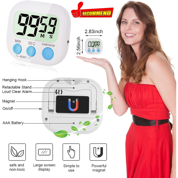 Multifunksjonell elektronisk timer, kjøkkentimer, læringsstyringstimer, for matlaging, læring, arbeid, sportstrening, utendørsaktiviteter (ekskludert batteri).