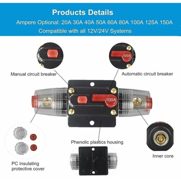 100a Audio Circuit Breaker Auto Car Stereo Inline Inverter Fuse H