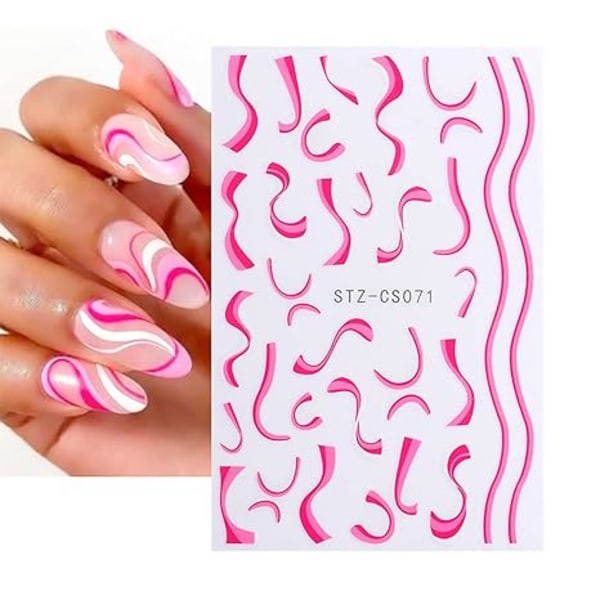 Line Nail Art Stickers, 5 ark 3D blå rosa lila regnbågslinje