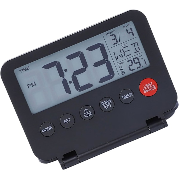 Liten digital reseväckarklocka med LCD-display, datum, temperatur, S