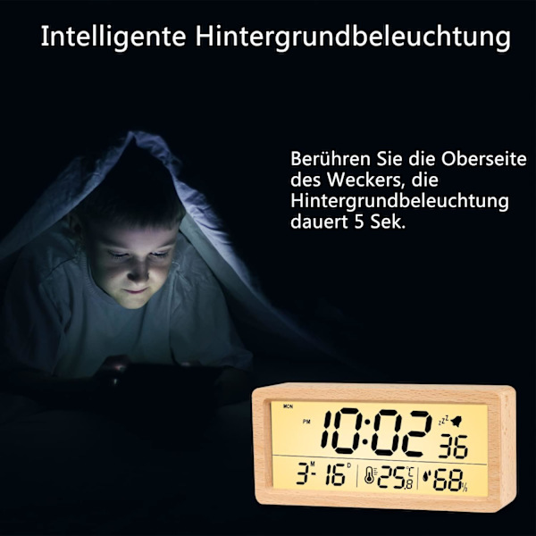 Trädigital väckarklocka, LED väckarklocka icke-tickande digital klocka, med datum, temperatur och fuktighetsvisning, snooze-funktion, ljusbrun