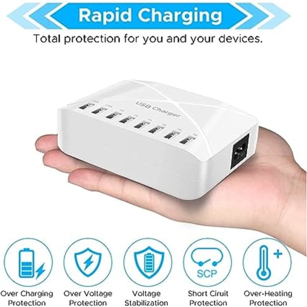 40W USB-oplader, 8-ports multi-USB, opladningshub med smart sensing