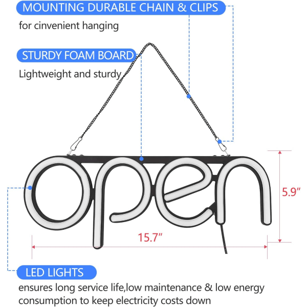 LED Open skilt, 16x6 tommer Open kommercielt skilt, med forskellige Flash