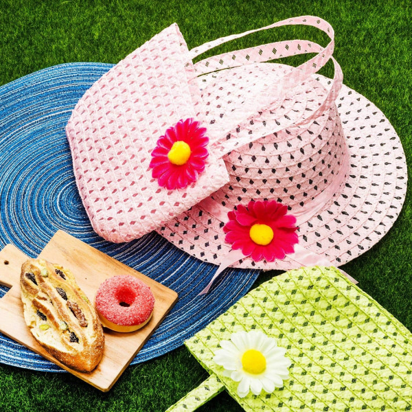 Tyttöjen teekutsuhattu ja -laukku, Daisy Flower Sun Straw Hat ja laukku S