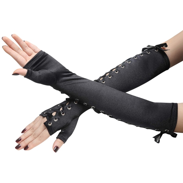 Halloween Fingerless Lace Up Gloves - Long Black Garment Elbow Ar