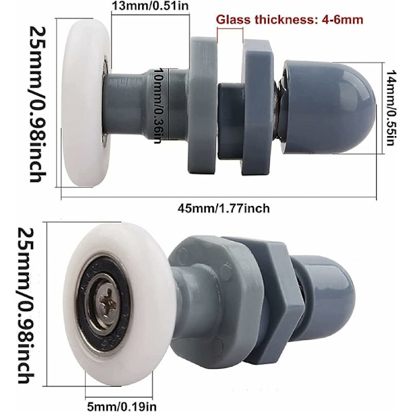 8 st rullhjul för duschdörr, 25 mm duschhjul, skjutdörrrullar, lämpliga för glasdörrar med en tjocklek på cirka 4-6 mm