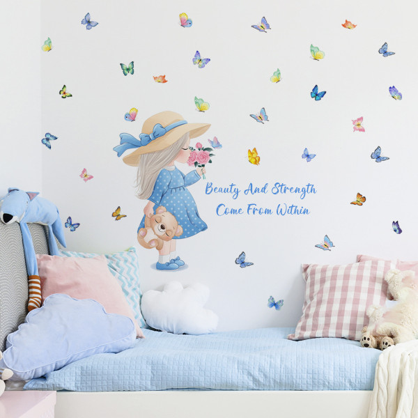 Pikkutyttö seinätarra Kukat perhoset seinätarra Wall Deco