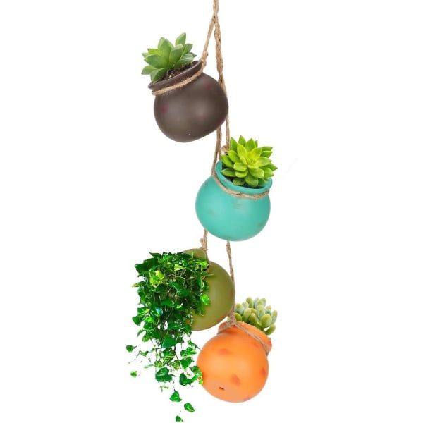 4st Mini hängande planteringskärl, keramikvas, flerfärgad, jute rep