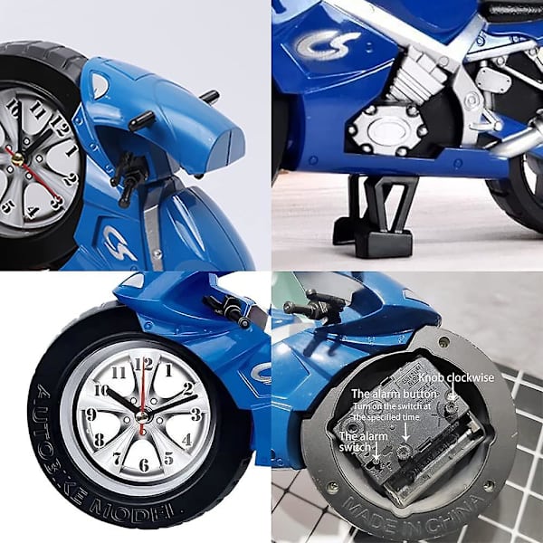 Retro väckarklocka, plast väckarklocka, tecknad väckarklocka kreativ väckarklocka, blå motorcykel
