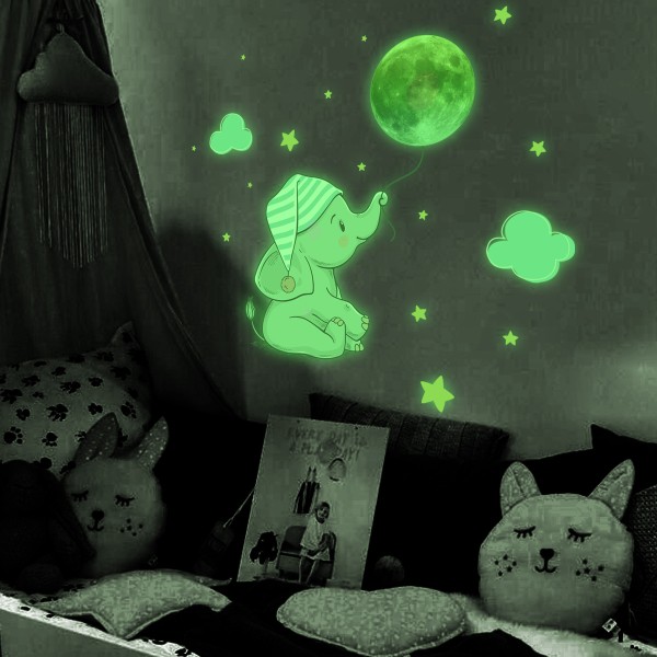 Baby Elephant Moon Luminous Wall Sticker For Baby Kid Room Bedro