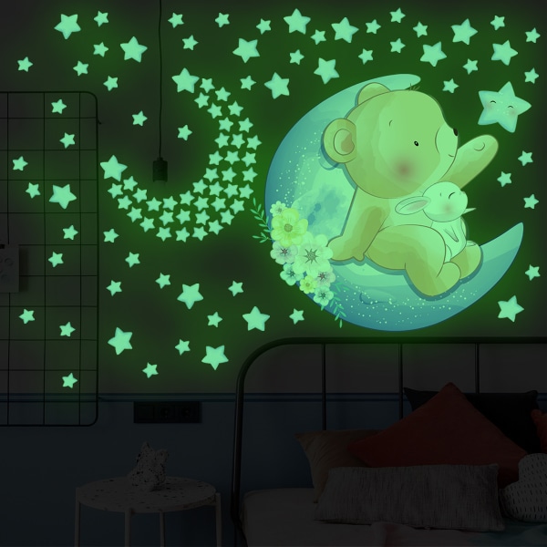 Bear Moon Star Glow Väggdekor Tecknad Djur Barnkammare Säng