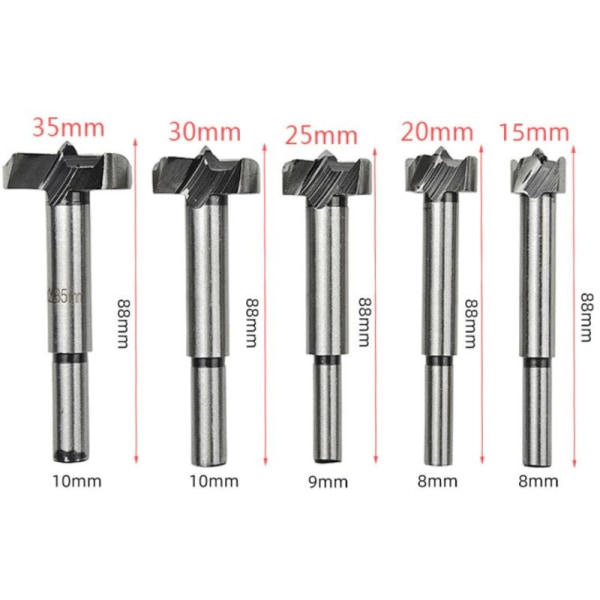 Trespir drill bits, sett med 5 sekskantede håndtak for treskjærer, justerbar posisjonering av karbidhullsag for massivt tre, kork, splint, kryssfiner (15,20,25,30,35mm)