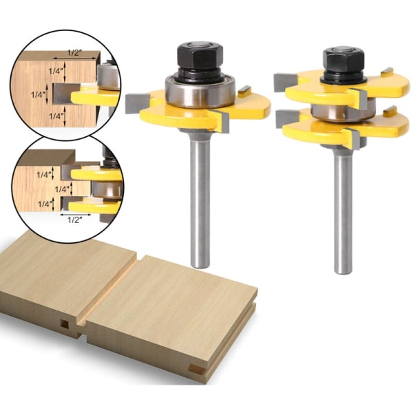 2PCS Träbearbetningsfräsar/Tappfräsar Träbearbetningsverktygssats 3 Flöjt T-Tappfräs 1/41/4