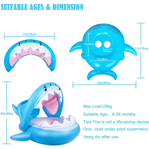 Baby Pool Seat Shark Floating Swim Ring, Kids Inflatable Pool Buoy with Adj