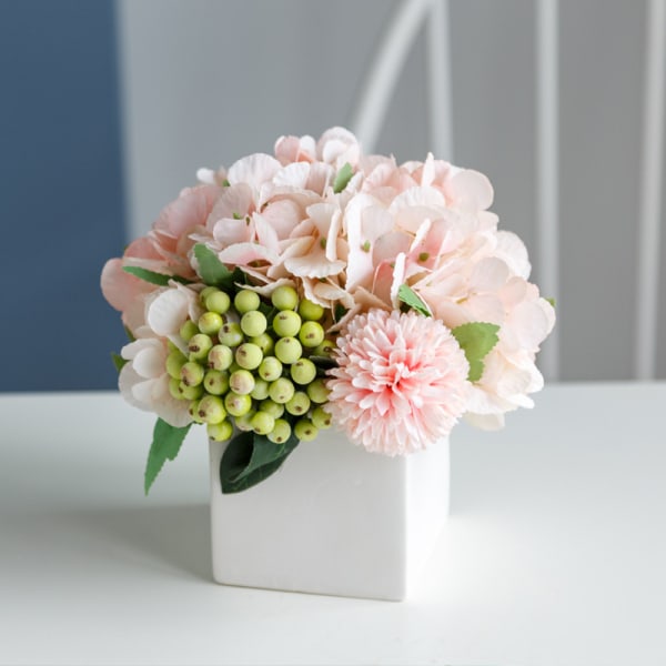 Kunstige blomster med liten keramisk vase, kunstig hortensia med vase plast kunstige blomster falske planter