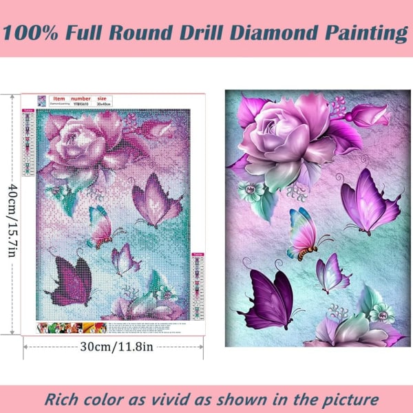 DIY 5D diamond painting fjäril och lila blomma, diamantkonst