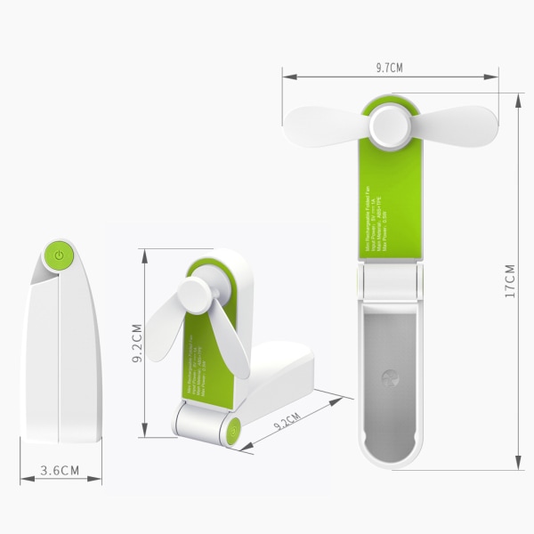Mini-kokoinen taitettava kädessä pidettävä tuuletin, kannettava kädessä pidettävä ladattava kädessä pidettävä tuuletin 2 nopeuden säädettävällä USB-kaapelilla, vihreä