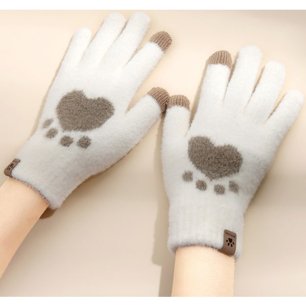 6 st dubbel touch screen katt tass kall-resistent varma handskar för kvinnor höst och vinter plysch förtjockad ull stickade handskar (Off-White+Bean Paste)