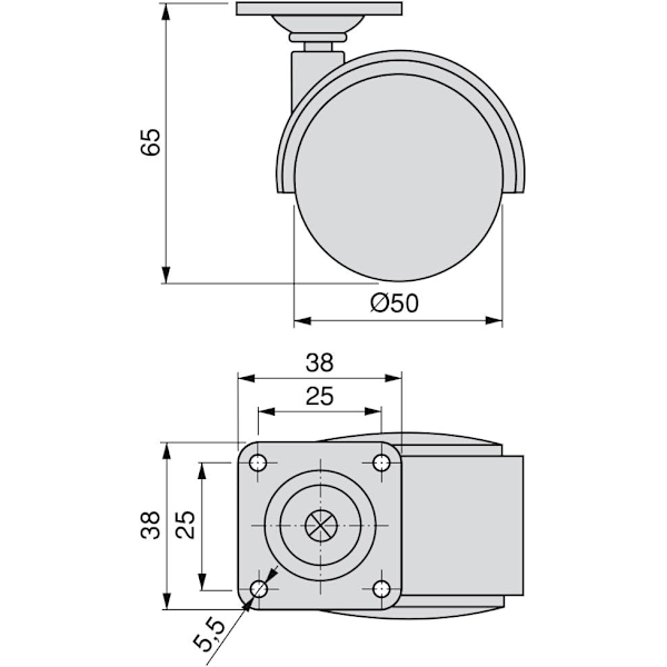 Set med 4 svängbara hjul Ø 50 mm med fästplatta/kullager Svart