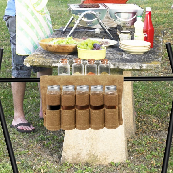 Bærbar krydderpose, lerretskrydderoppbevaringsposearrangør, krydderflaskeholder med minikrydderflaske, krydderbeholdersett for utendørs camping BBQ piknik - Khaki