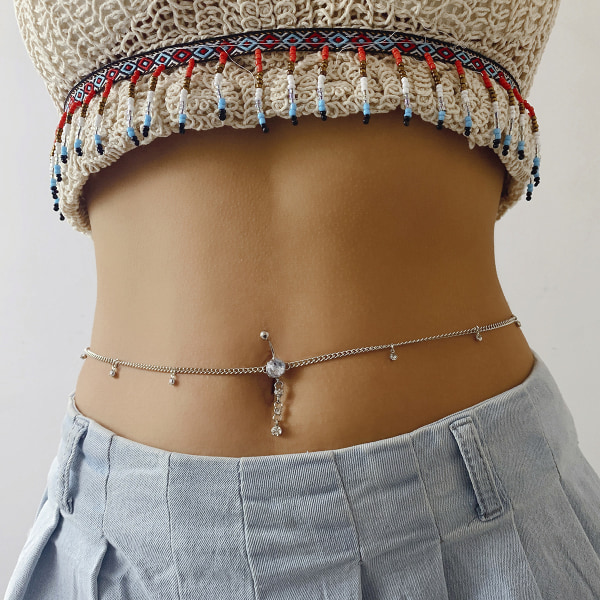 Silver Crystal Belly Button Ring with Chain Rhinestone Waist Body