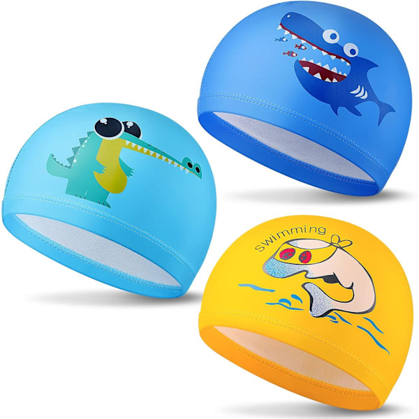 3 Pieces Swimming Cap Kids PU Swimming Cap for Girls Boys Swimming Cap Comf