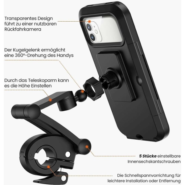 Sykkel mobiltelefonholder, vanntett smarttelefonholder med berøringsskjerm, 360° svingbar, høydejusterbar for opptil 6,7 tommer, motorsykkel sykkel, svart