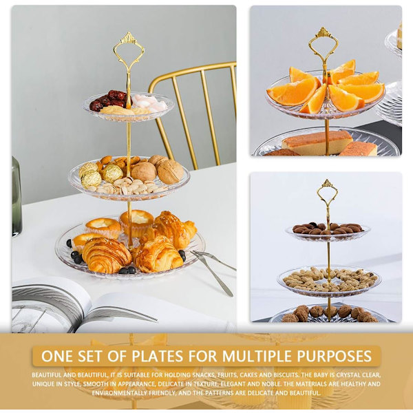 3-vånings kakställ, kakställ med metallstång, kakställ och dessertställ, transparent fruktställ för bröllop, födelsedagar, säkert och giftfritt
