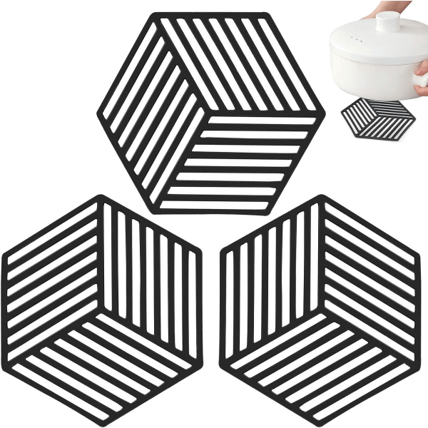 3 stykker silikone bordskåner, skridsikker sekskantet bordskåne, (sort) 13,8*