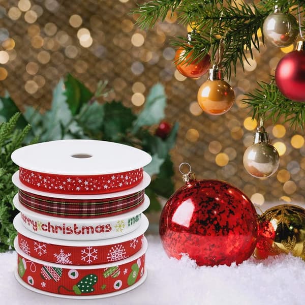 5 julebånd i grosgrain til julepynt, gaveindpakning, hai