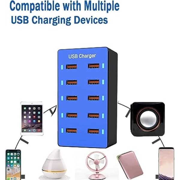 USB-laddare, 20-portars USB-laddningsstation Multi-Device USB-väggladdare Skrivbordsladdare Smart USB-port för iPhone 12/13/14/Samsung S22 Ultra/Z Flod/Z Flip/Xiaomi/iPad/iPod (Blå)